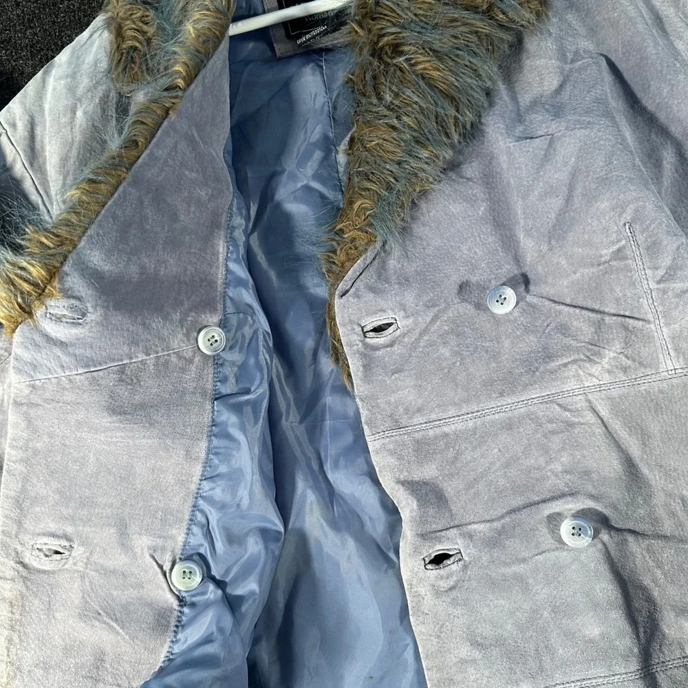 Outbrook Suede Jacket Woman 3X Blue Good Faux Fur Collar Double Breasted Belted